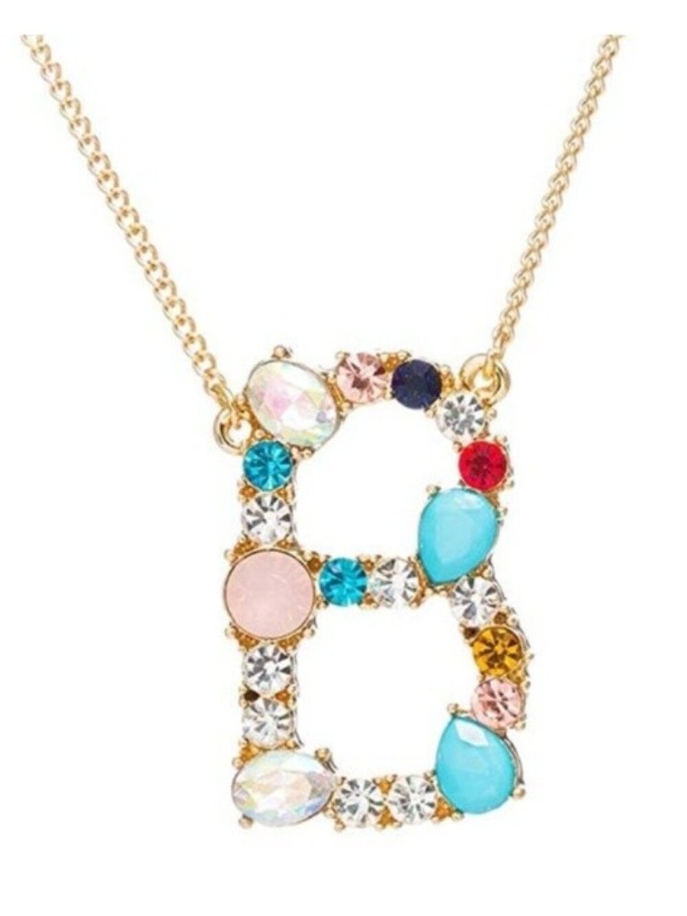 Large Initial Letter "B" Name Multi Color Rhinestone Gold Tone Necklace